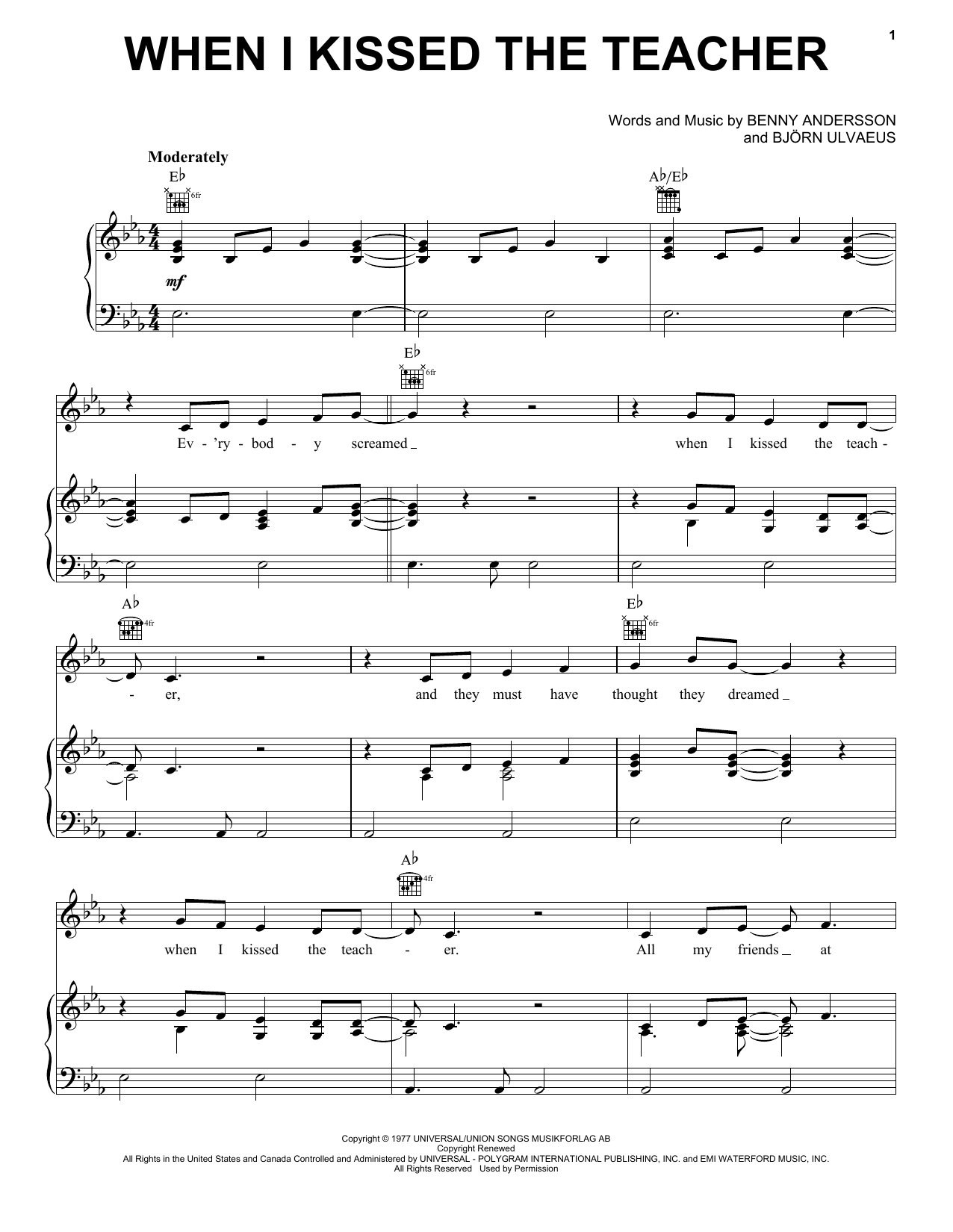 ABBA When I Kissed The Teacher (from Mamma Mia! Here We Go Again) sheet music notes and chords arranged for Easy Piano