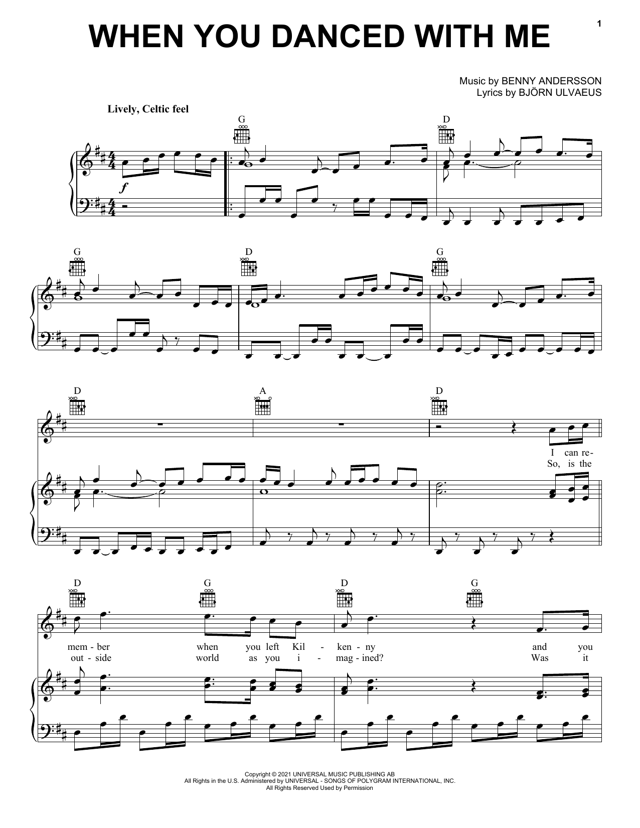 ABBA When You Danced With Me sheet music notes and chords arranged for Piano, Vocal & Guitar Chords (Right-Hand Melody)