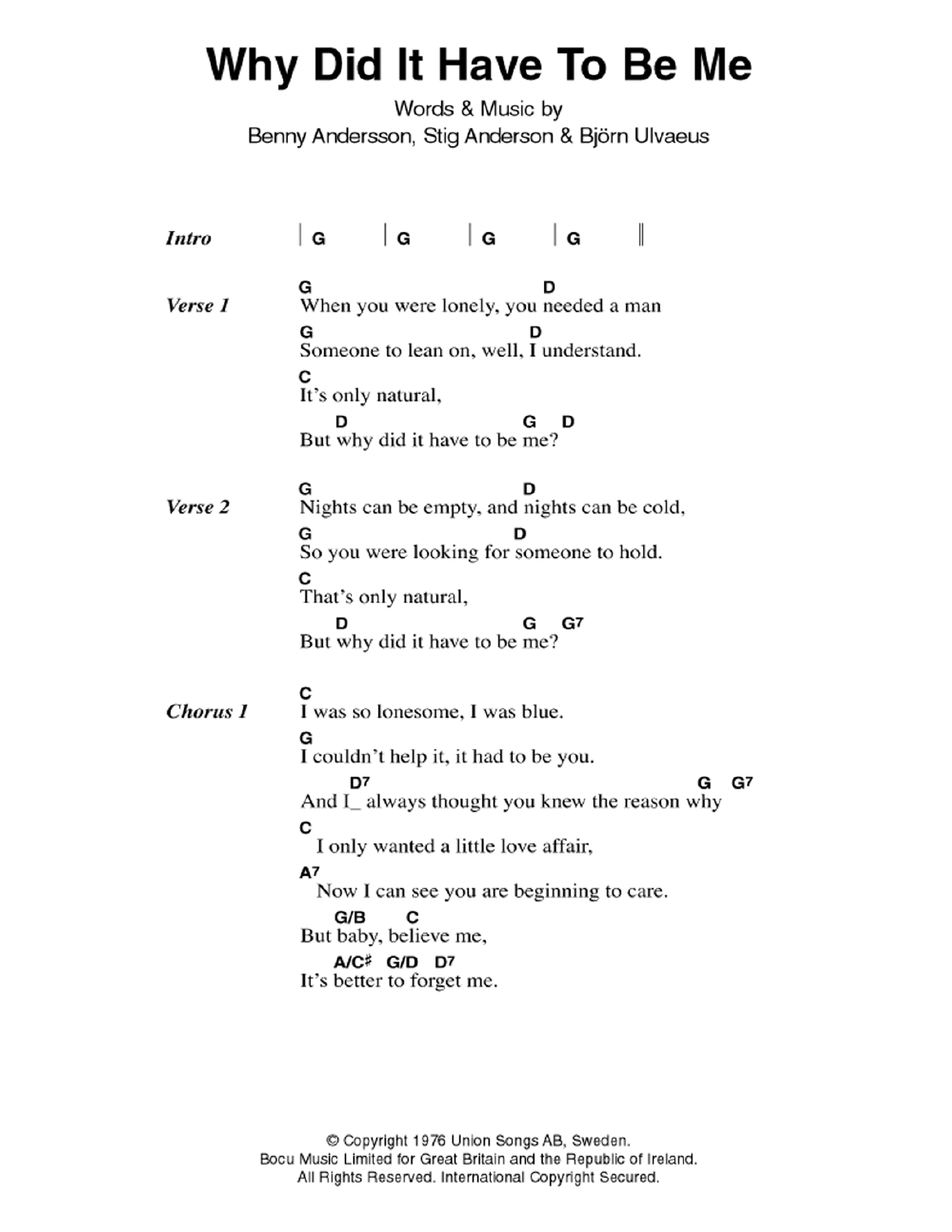 ABBA Why Did It Have To Be Me sheet music notes and chords arranged for Guitar Chords/Lyrics
