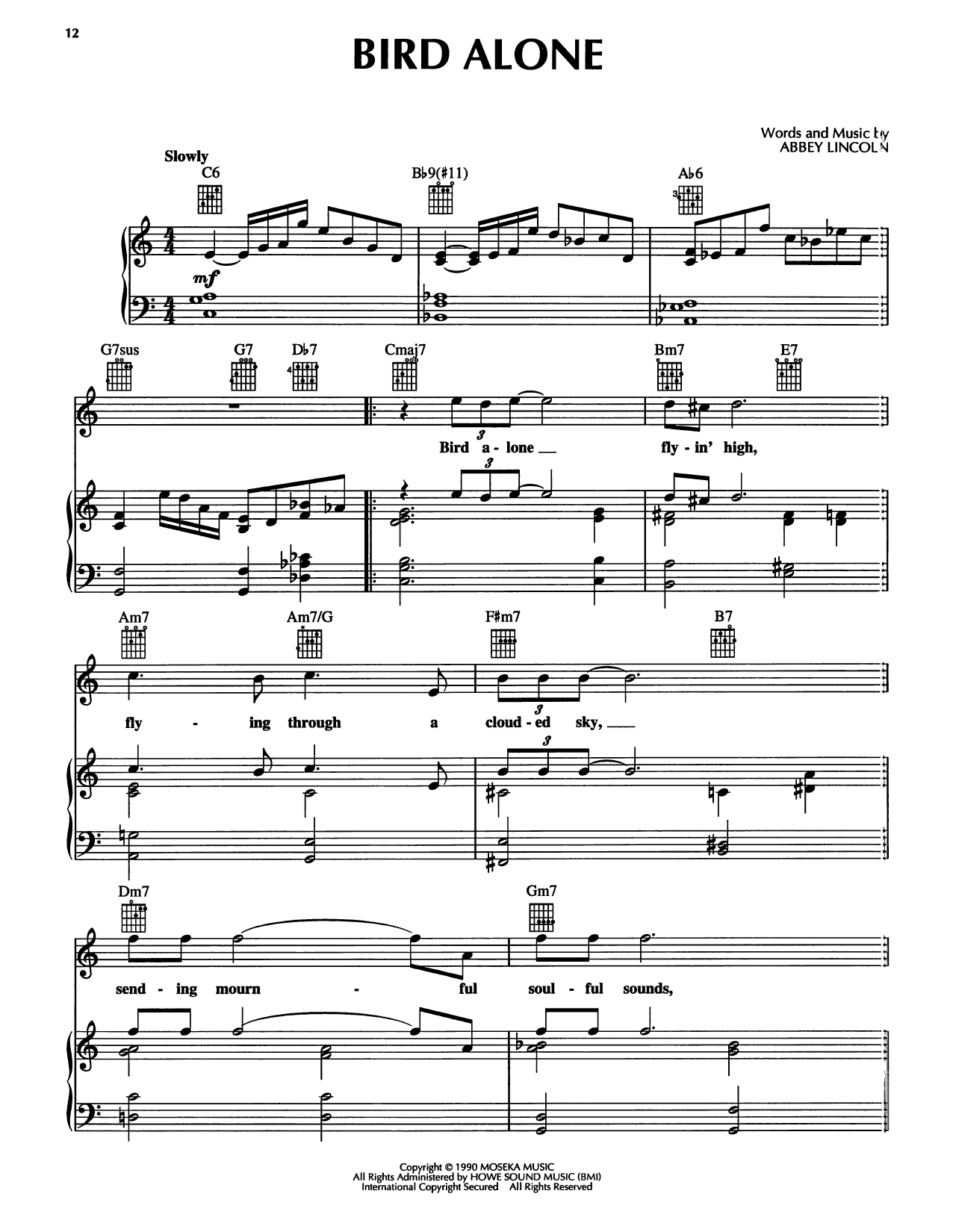 Abbey Lincoln Bird Alone sheet music notes and chords arranged for Piano, Vocal & Guitar Chords (Right-Hand Melody)