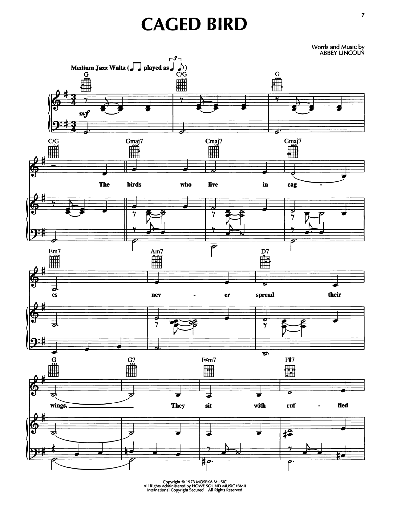 Abbey Lincoln Caged Bird sheet music notes and chords arranged for Piano, Vocal & Guitar Chords (Right-Hand Melody)