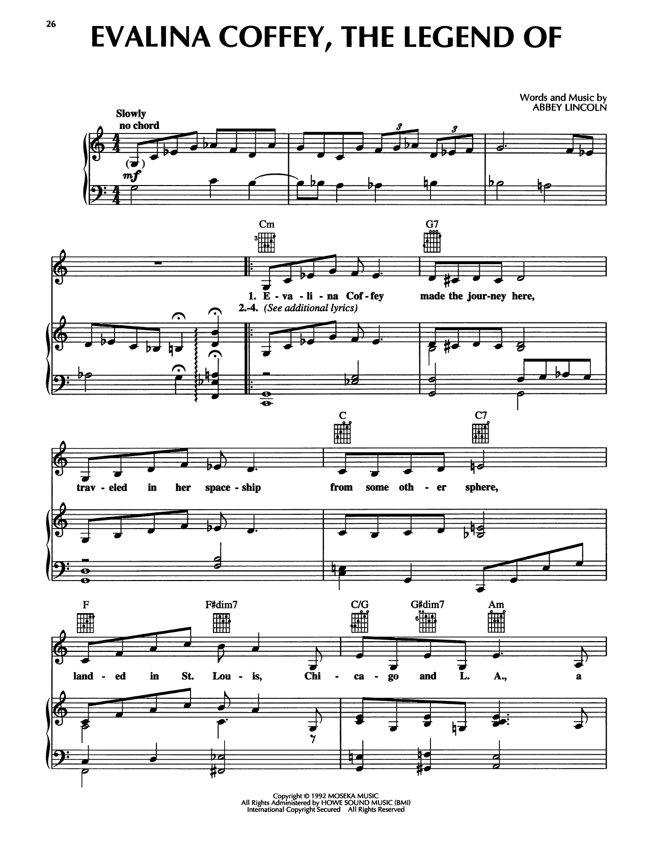 Abbey Lincoln Evalina Coffey (The Legend Of) sheet music notes and chords arranged for Piano, Vocal & Guitar Chords (Right-Hand Melody)
