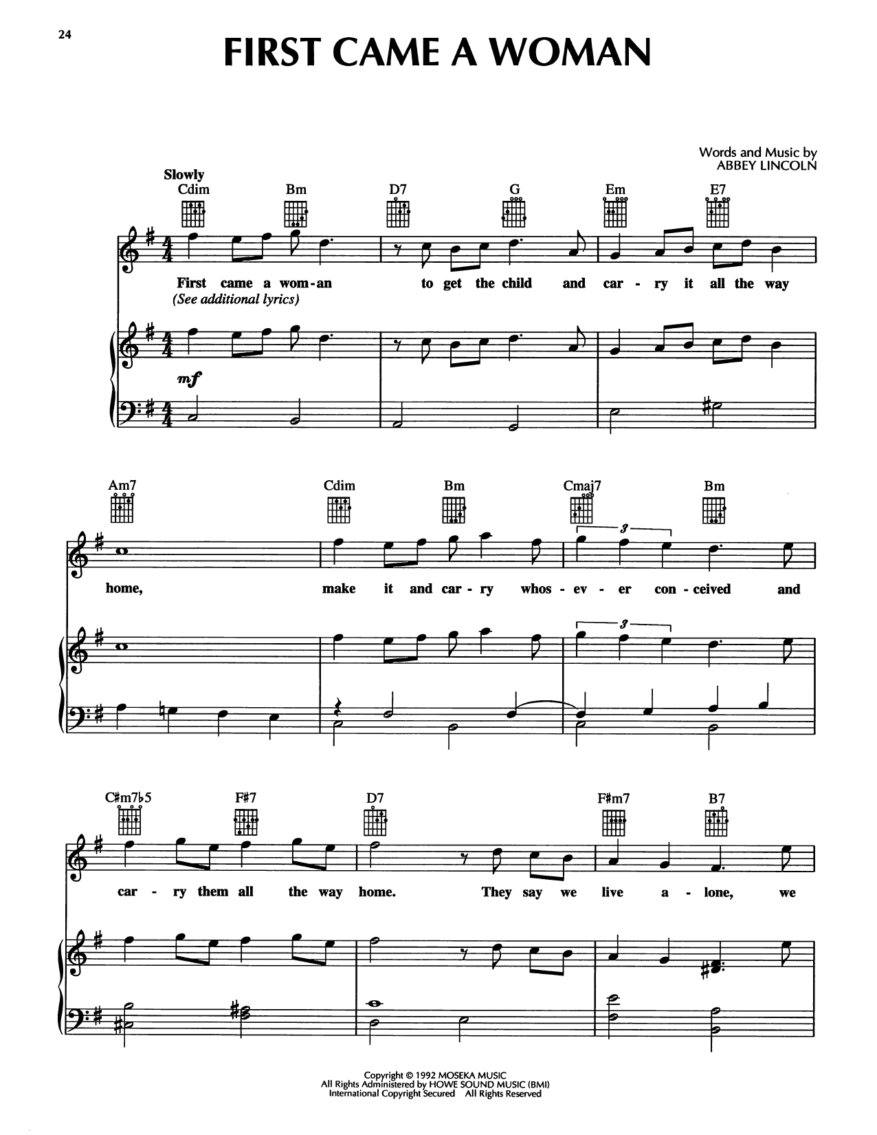 Abbey Lincoln First Came A Woman sheet music notes and chords arranged for Piano, Vocal & Guitar Chords (Right-Hand Melody)