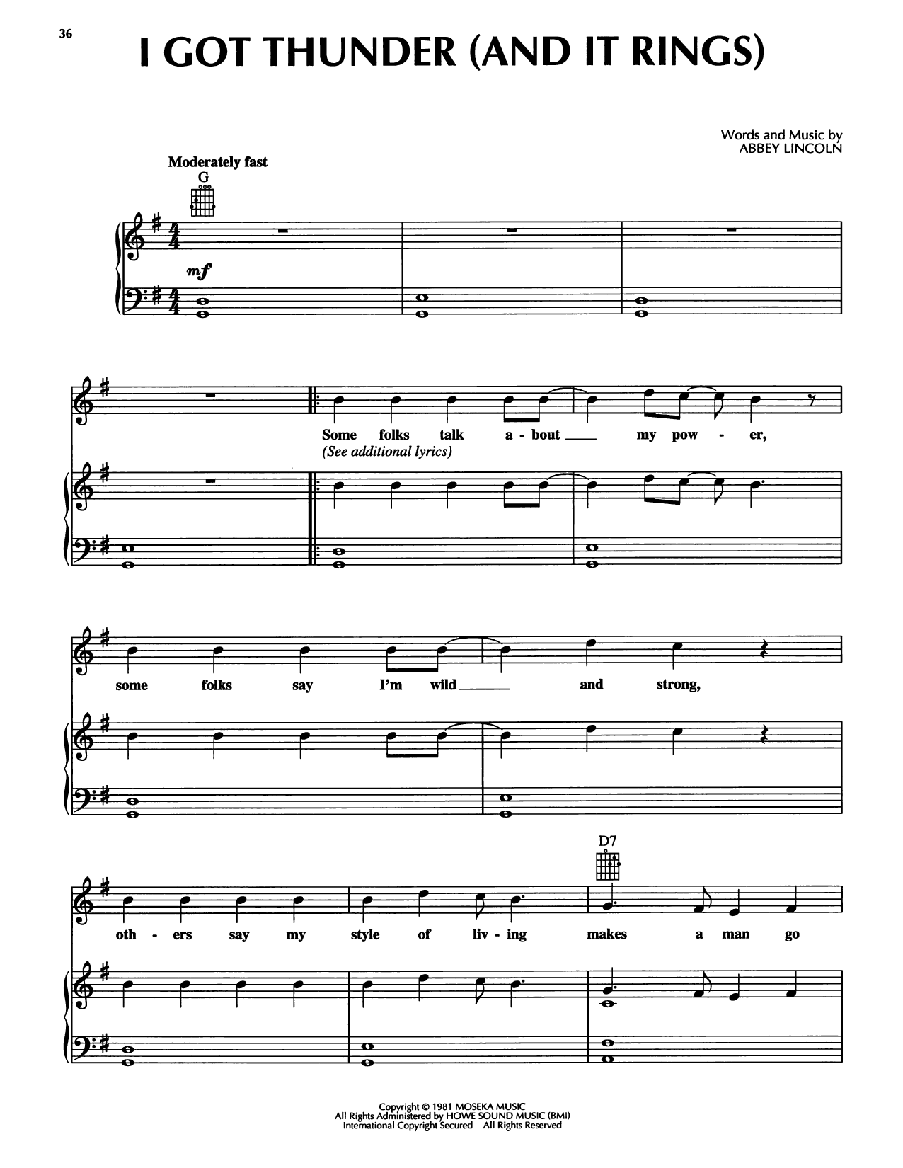 Abbey Lincoln I Got Thunder (And It Rings) sheet music notes and chords arranged for Piano, Vocal & Guitar Chords (Right-Hand Melody)