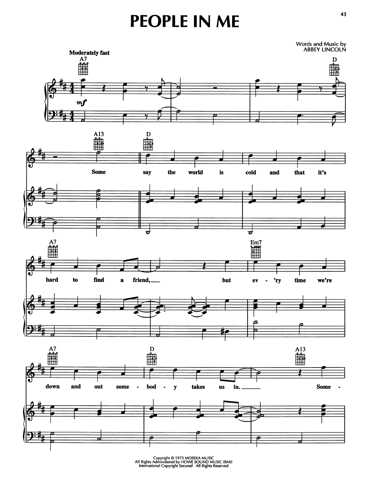 Abbey Lincoln People In Me sheet music notes and chords arranged for Piano, Vocal & Guitar Chords (Right-Hand Melody)