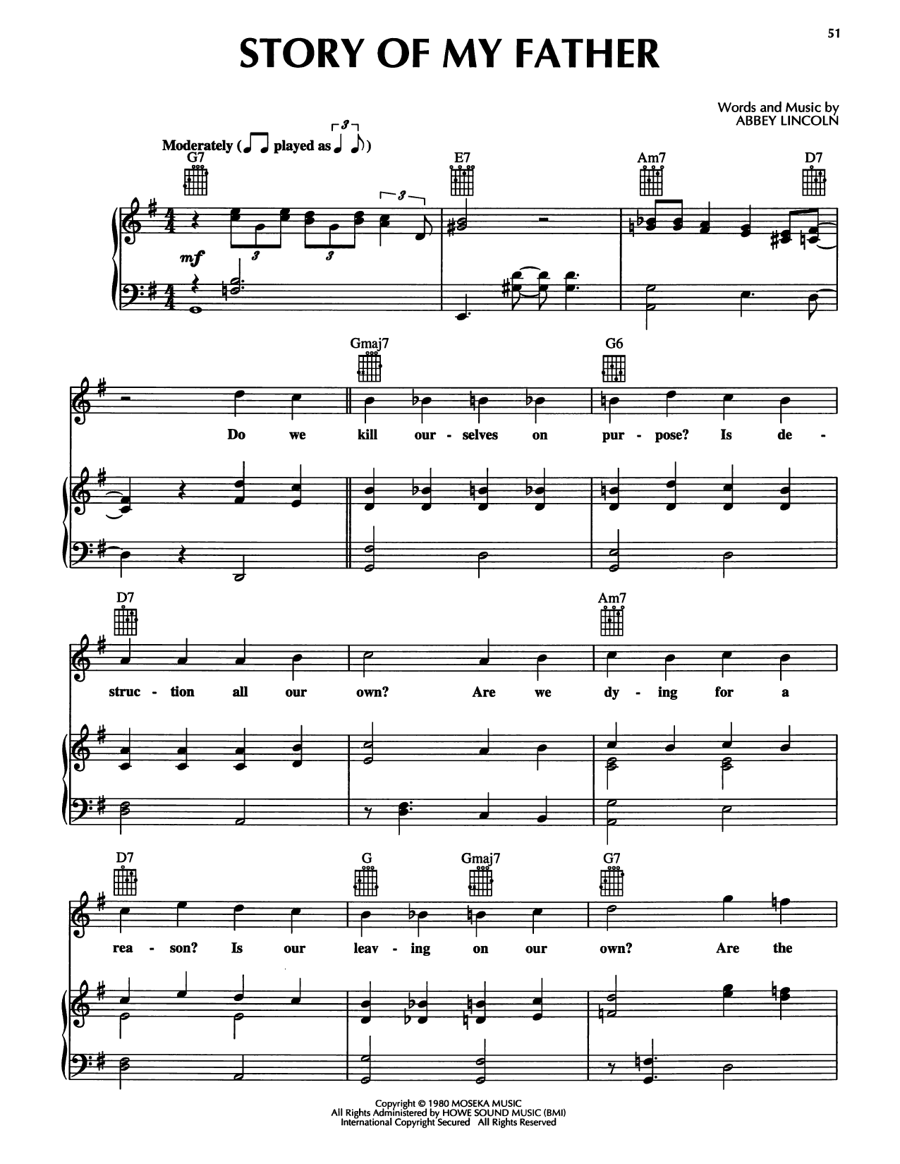 Abbey Lincoln Story Of My Father sheet music notes and chords arranged for Piano, Vocal & Guitar Chords (Right-Hand Melody)