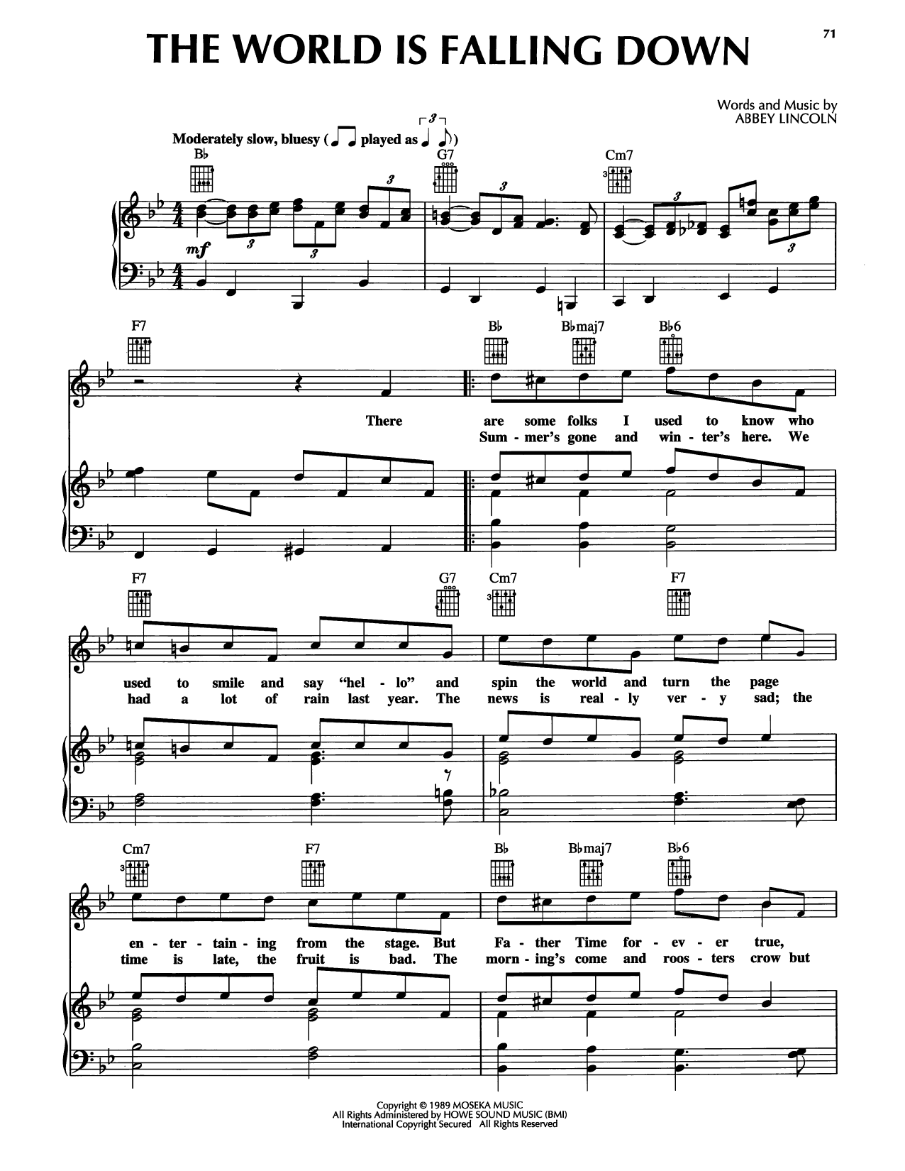 Abbey Lincoln The World Is Falling Down sheet music notes and chords arranged for Piano, Vocal & Guitar Chords (Right-Hand Melody)