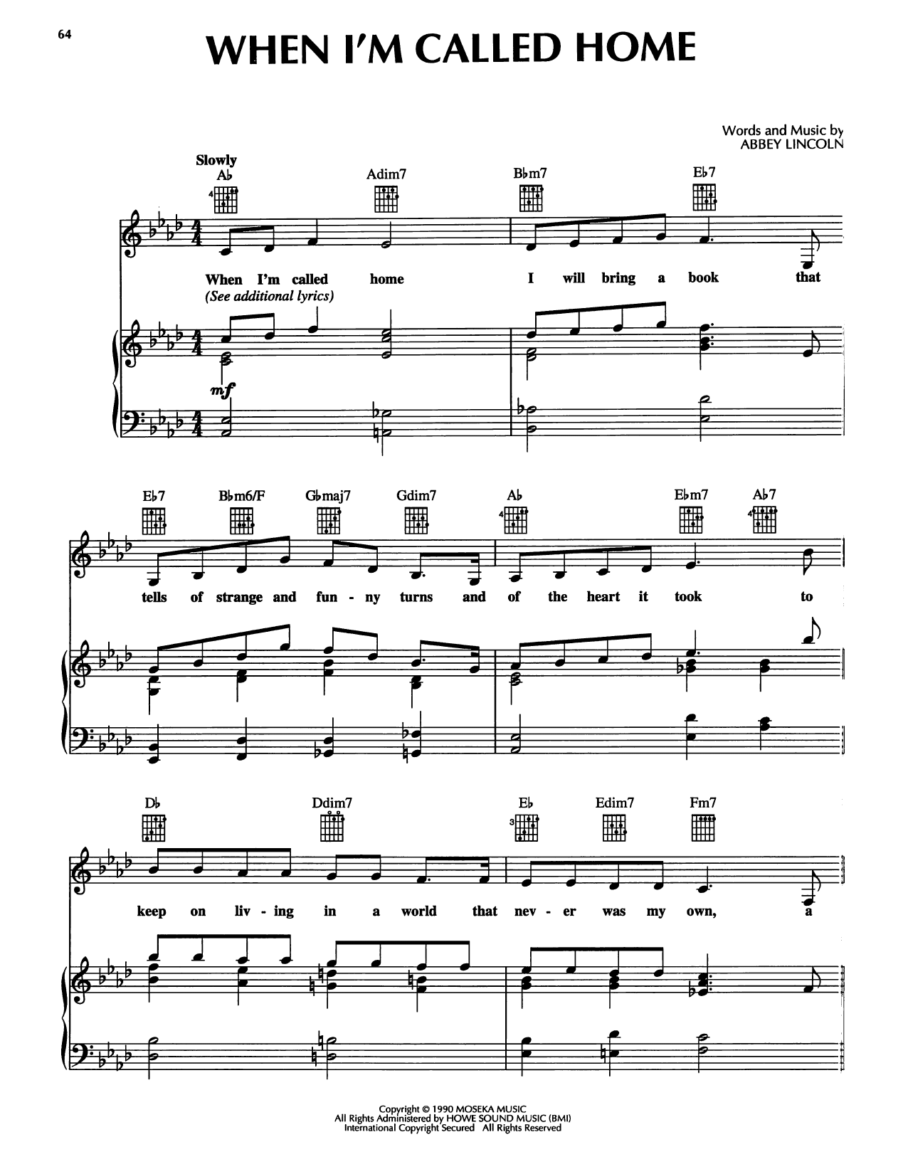 Abbey Lincoln When I'm Called Home sheet music notes and chords arranged for Piano, Vocal & Guitar Chords (Right-Hand Melody)