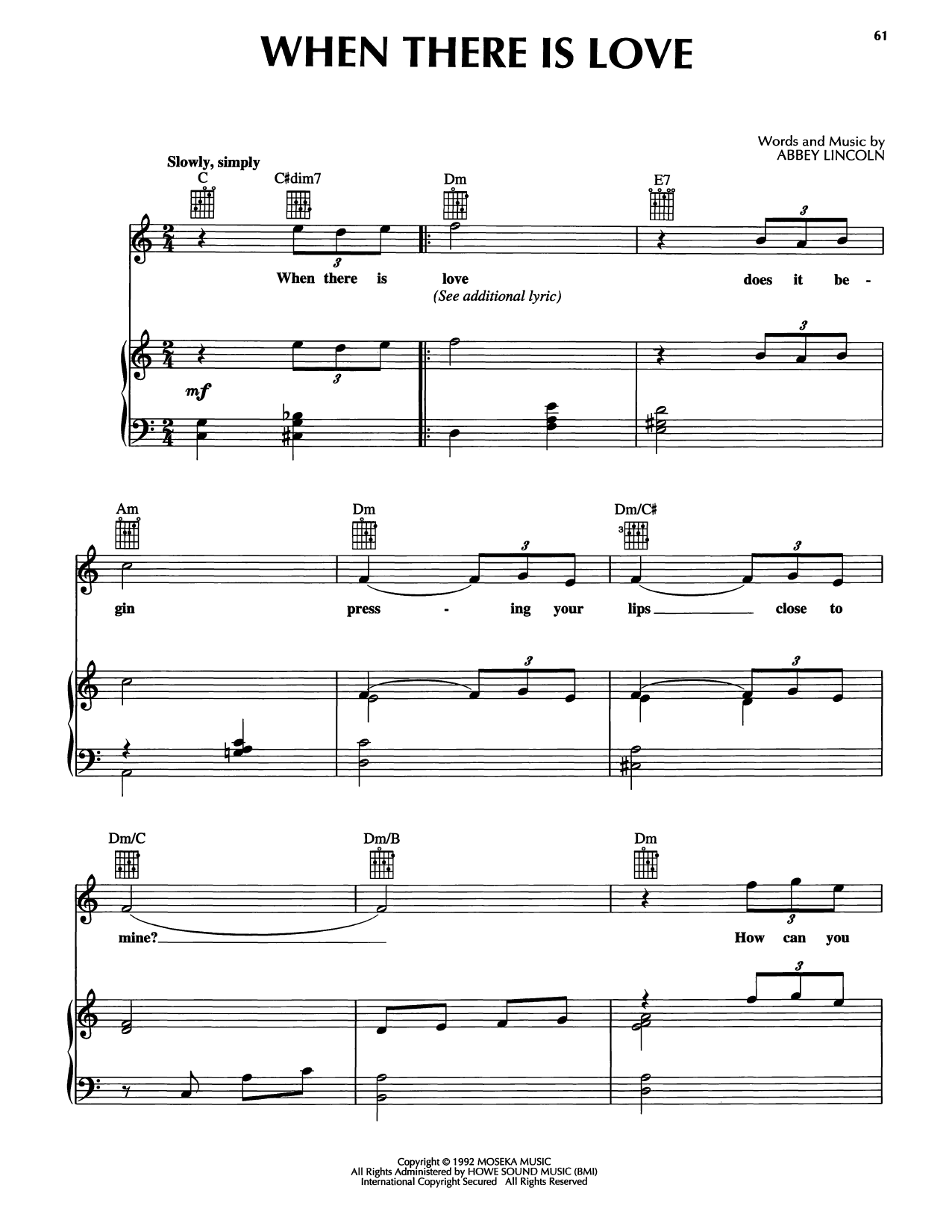 Abbey Lincoln When There Is Love sheet music notes and chords arranged for Piano, Vocal & Guitar Chords (Right-Hand Melody)