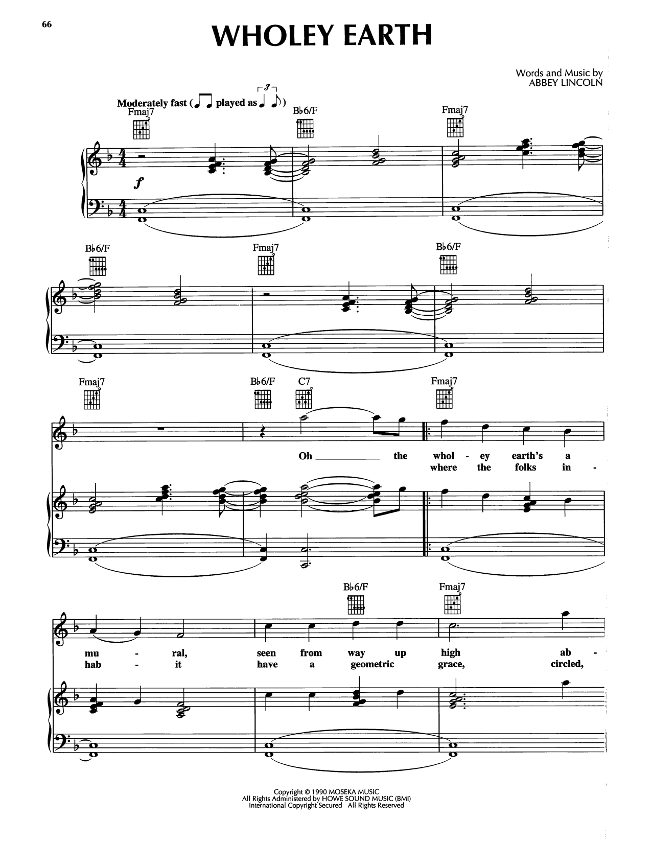 Abbey Lincoln Wholey Earth sheet music notes and chords arranged for Piano, Vocal & Guitar Chords (Right-Hand Melody)