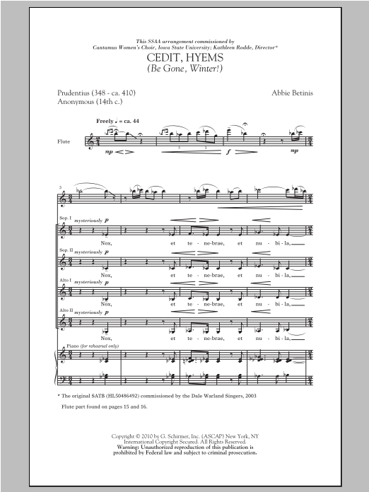 Abbie Betinis Cedit, Hyems (Be Gone, Winter!) sheet music notes and chords arranged for SSA Choir