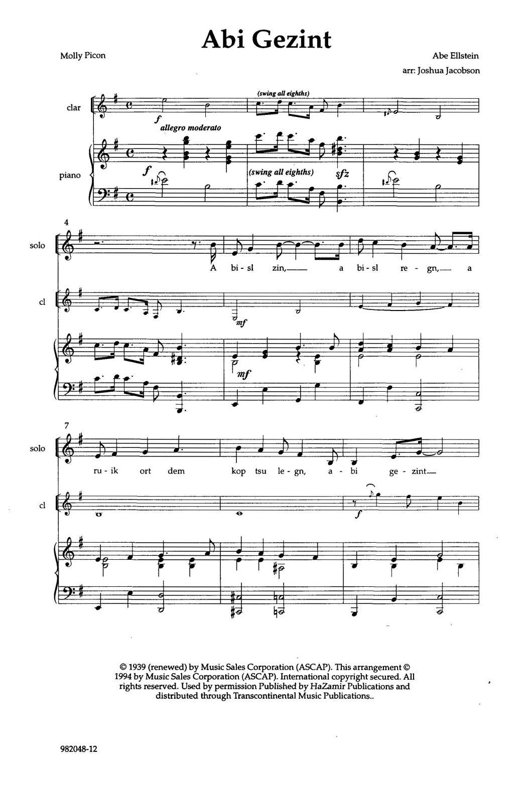 Abe Ellstein Abi Gezint (arr. Joshua Jacobson) sheet music notes and chords arranged for SATB Choir