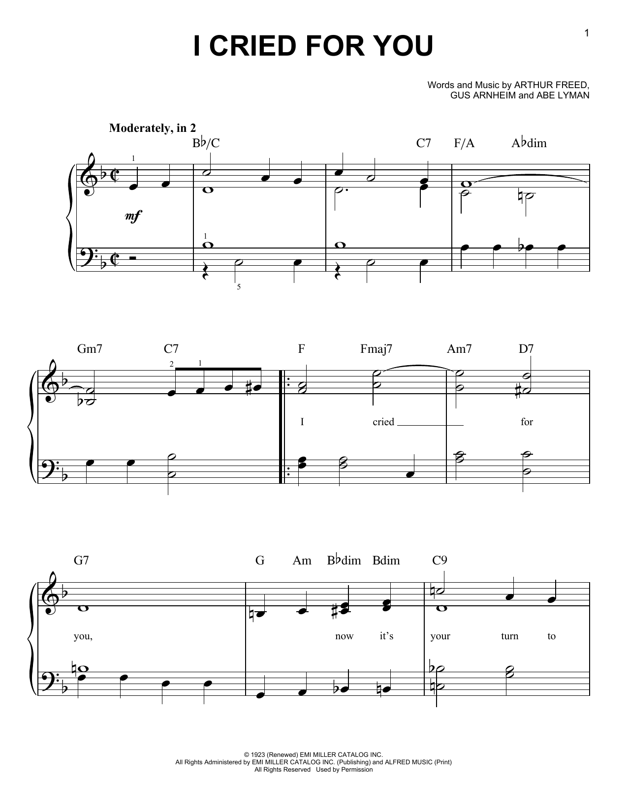 Abe Lyman I Cried For You sheet music notes and chords arranged for Piano, Vocal & Guitar Chords (Right-Hand Melody)