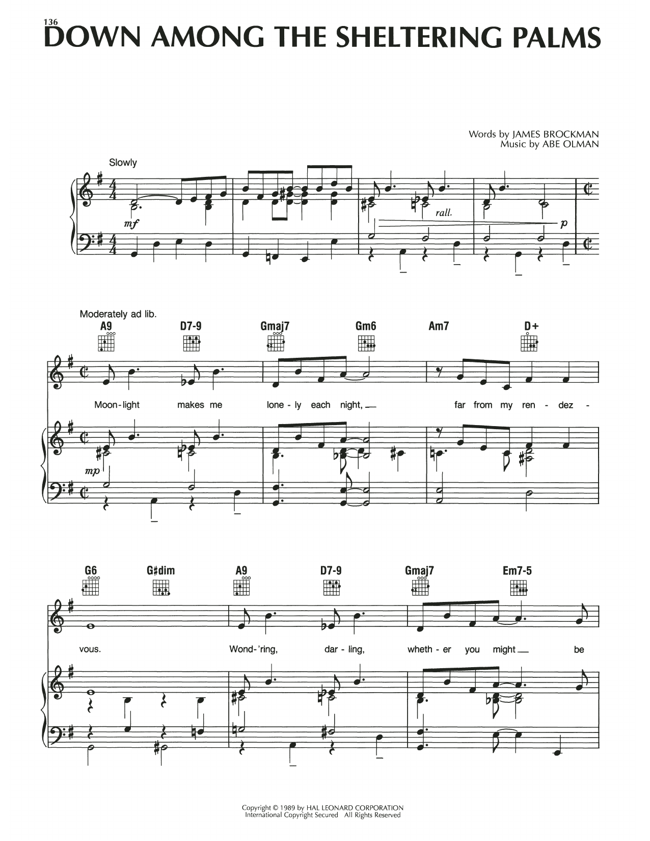 Abe Olman Down Among The Sheltering Palms sheet music notes and chords arranged for Piano, Vocal & Guitar Chords (Right-Hand Melody)