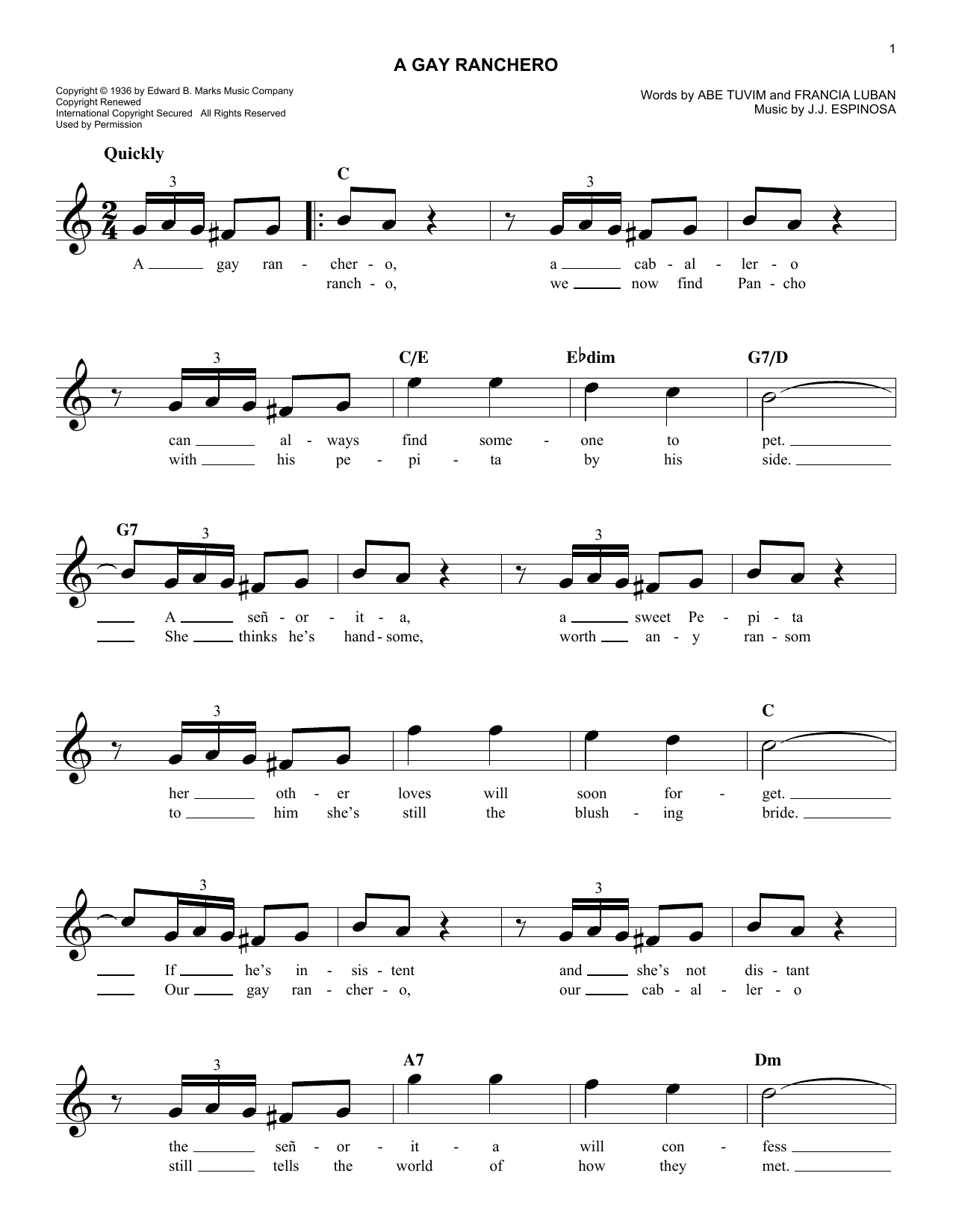 Abe Tuvim A Gay Ranchero sheet music notes and chords arranged for Piano, Vocal & Guitar Chords (Right-Hand Melody)