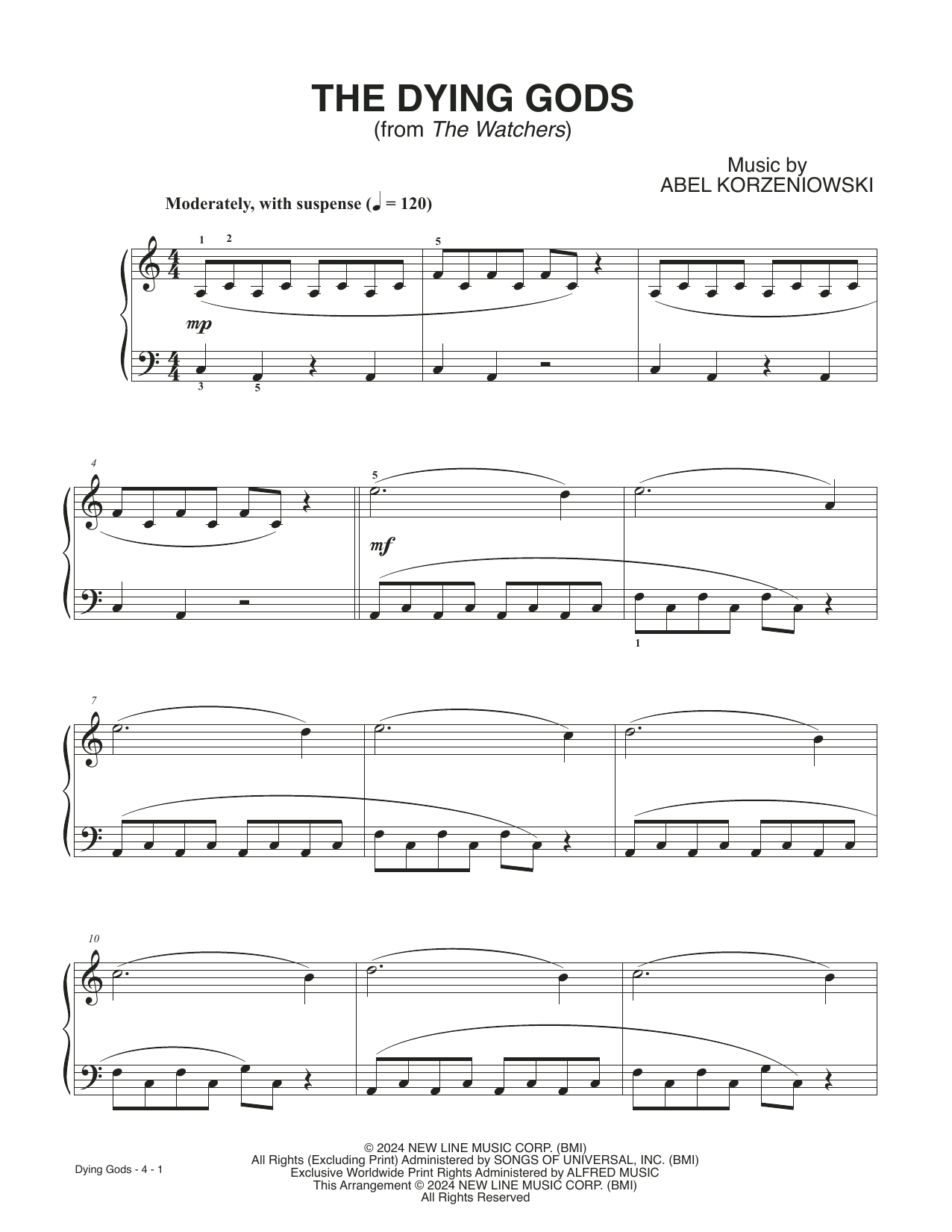 Abel Korzeniowski The Dying Gods (from The Watchers) sheet music notes and chords arranged for Piano Solo