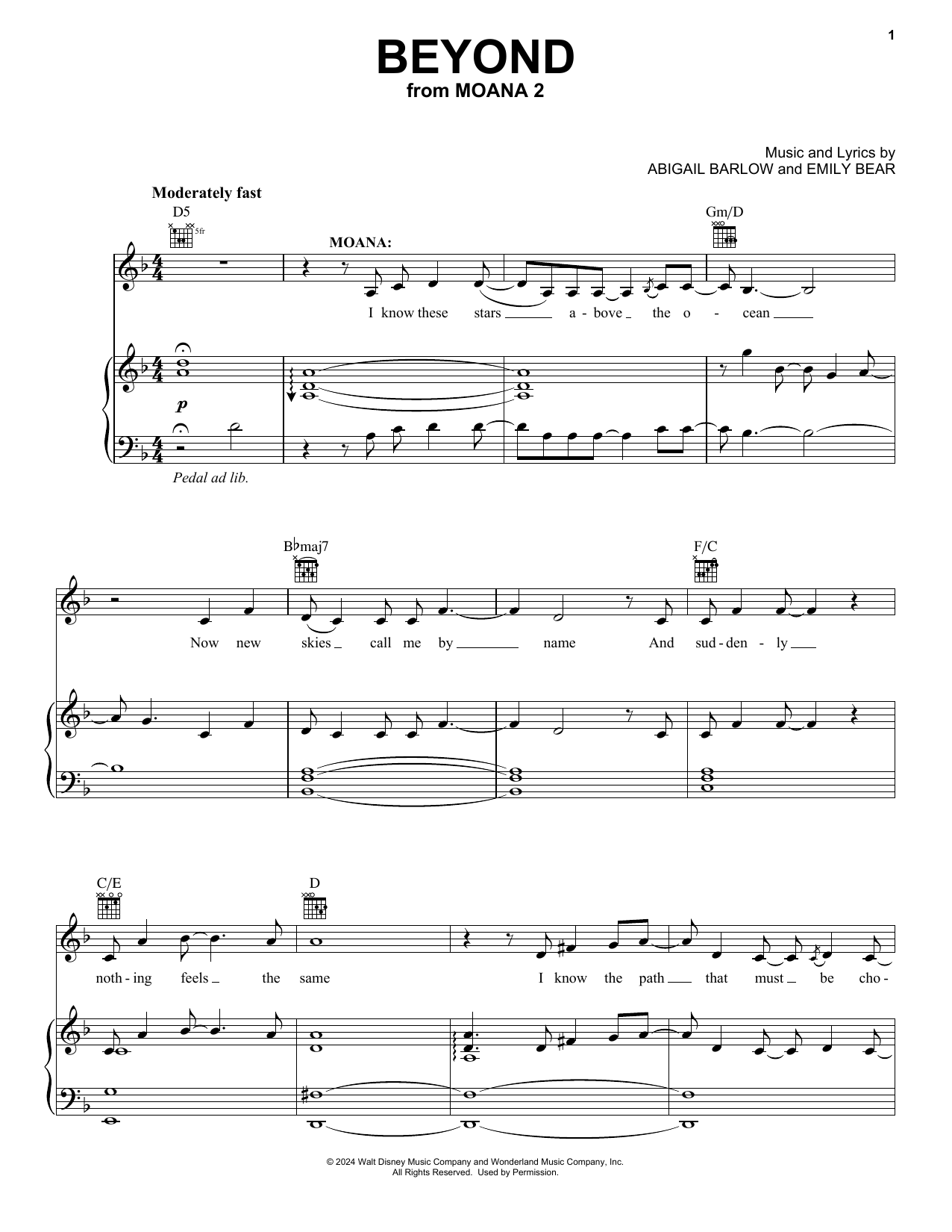 Abigail Barlow & Emily Bear Beyond (from Moana 2) sheet music notes and chords arranged for Piano, Vocal & Guitar Chords (Right-Hand Melody)
