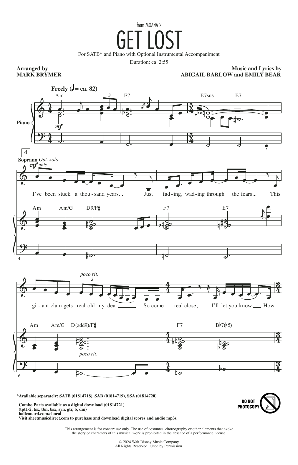Abigail Barlow & Emily Bear Get Lost (from Moana 2) (arr. Mark Brymer) sheet music notes and chords arranged for SSAA Choir