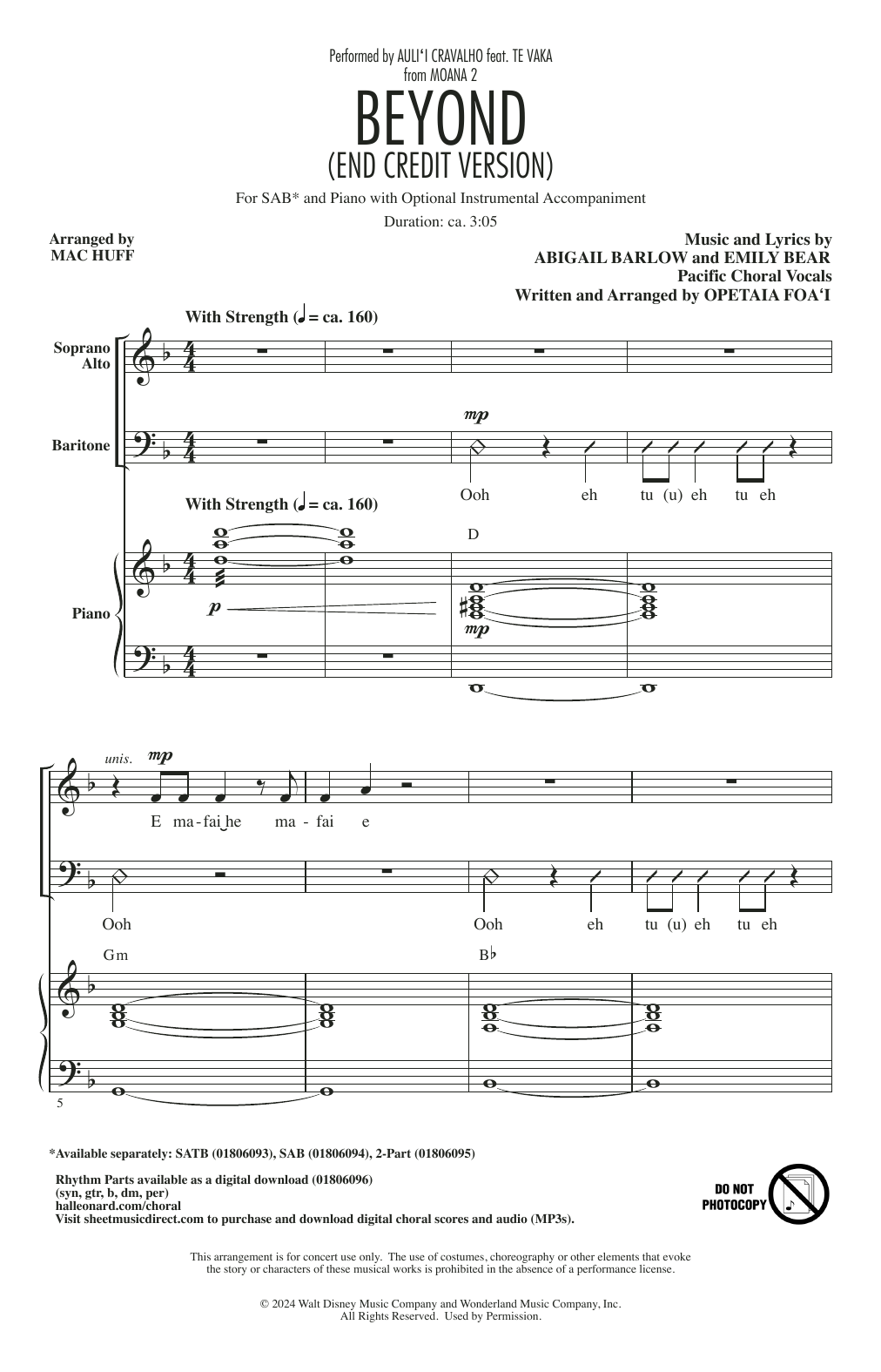 Abigail Barlow, Emily Bear & Opetaia Foa'i Beyond (End Credit Version) (from Moana 2) (arr. Mac Huff) sheet music notes and chords arranged for 2-Part Choir