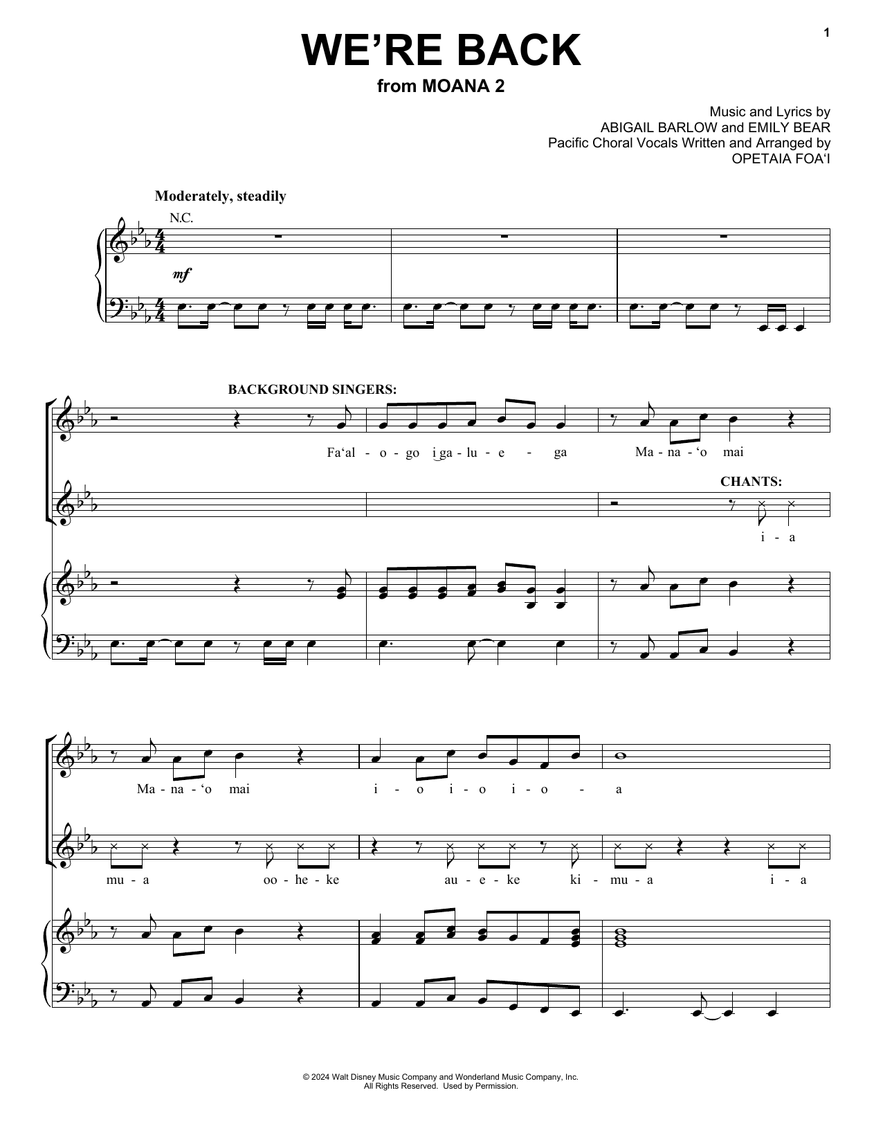 Abigail Barlow, Emily Bear & Opetaia Foa'i We're Back (from Moana 2) sheet music notes and chords arranged for Piano, Vocal & Guitar Chords (Right-Hand Melody)