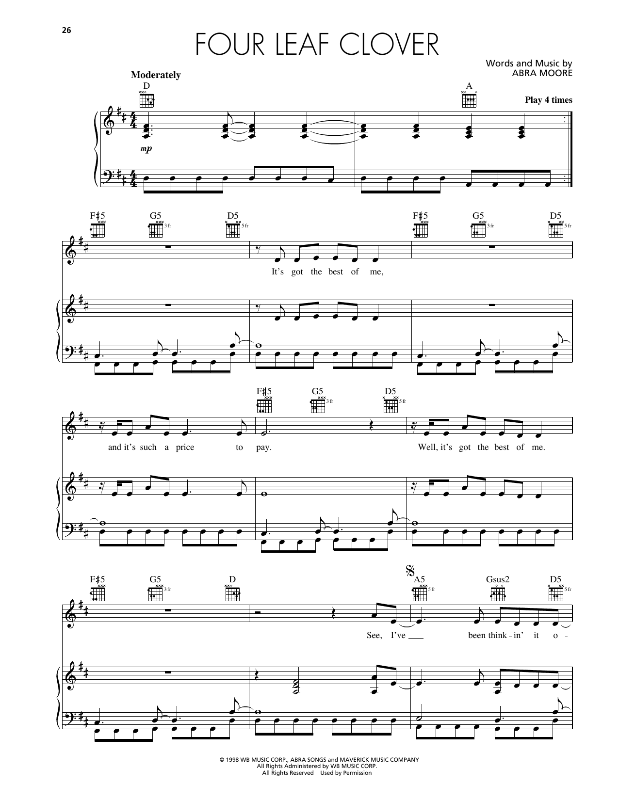 Abra Moore Four Leaf Clover sheet music notes and chords arranged for Piano, Vocal & Guitar Chords (Right-Hand Melody)