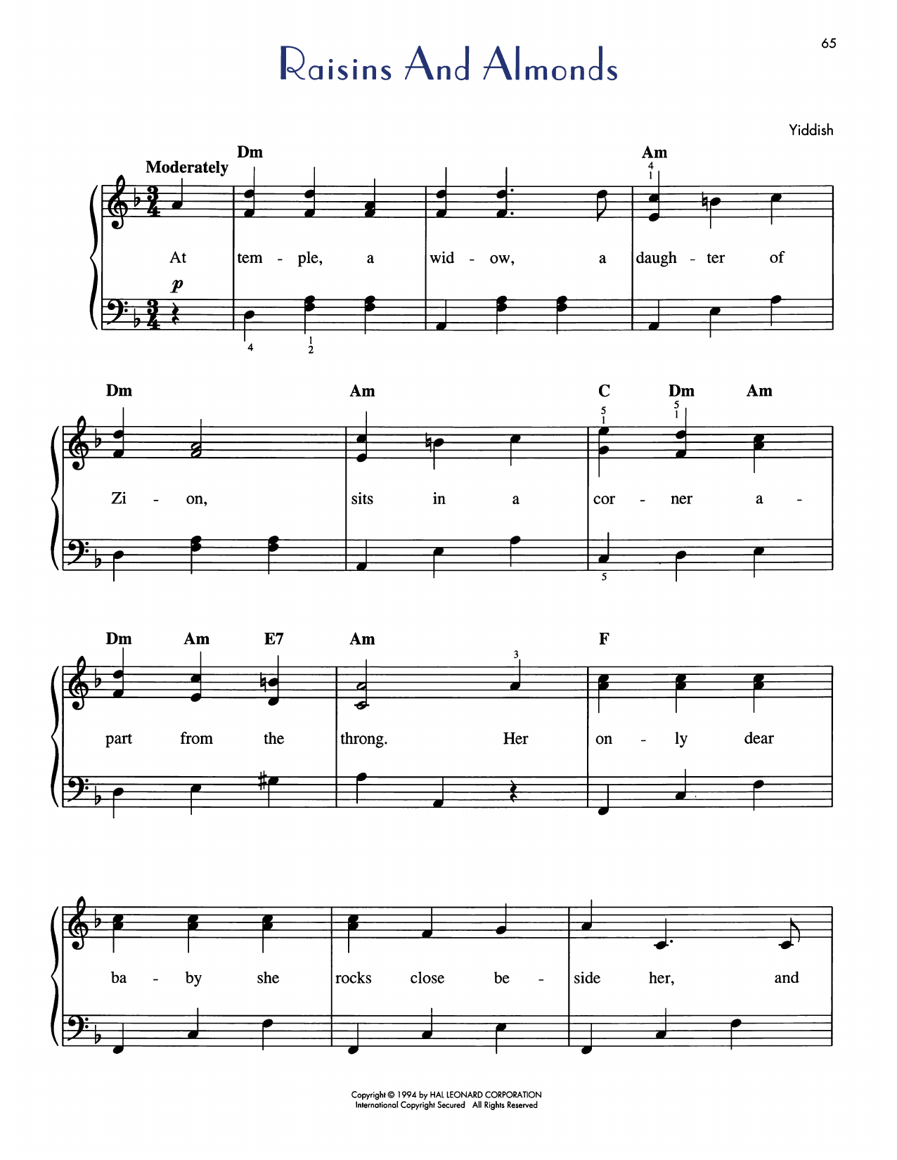 Abraham Goldfaden Rozhinkes Mit Mandlen (Raisins And Almonds) sheet music notes and chords arranged for Easy Piano