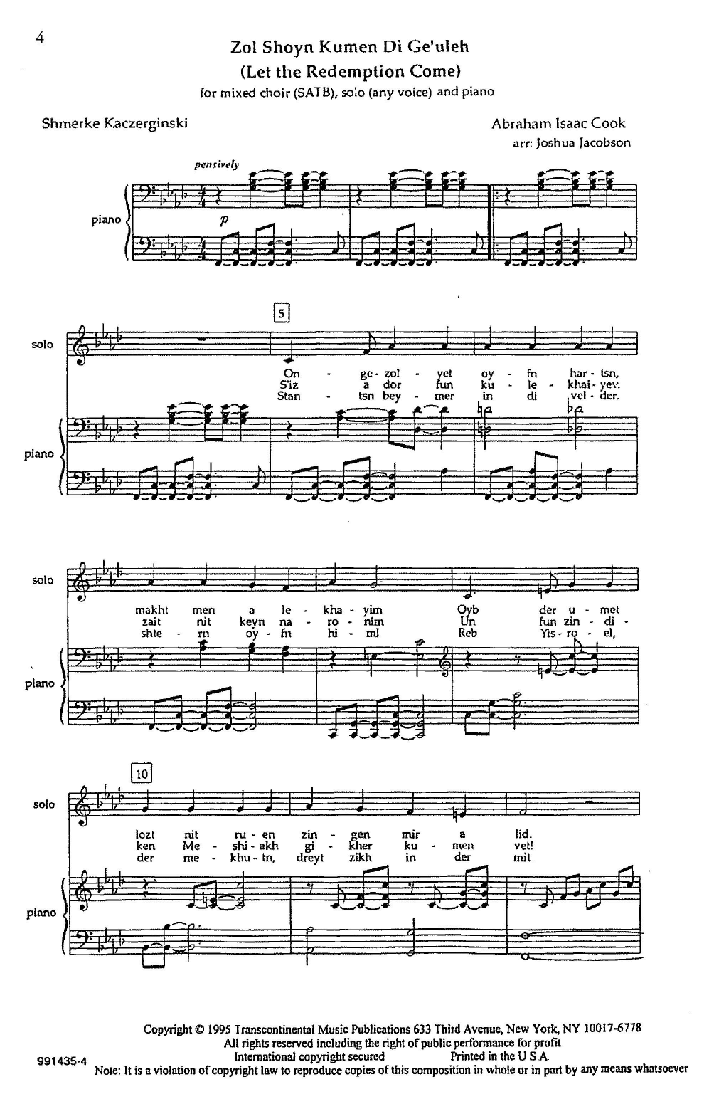 Abraham Isaac Cook Zol Shoyn Kumen Di Ge'uleh (Let the Redemption Come) (arr. Joshua Jacobson) sheet music notes and chords arranged for SATB Choir