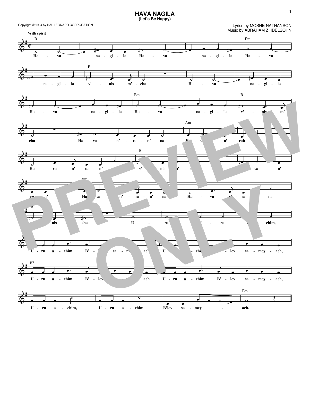 Abraham Z. Idelsohn Hava Nagila (Let's Be Happy) sheet music notes and chords arranged for Lead Sheet / Fake Book