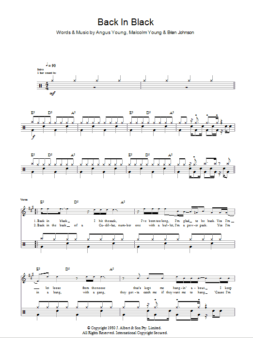 AC/DC Back In Black (Drums) sheet music notes and chords arranged for Lead Sheet / Fake Book