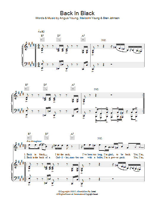 AC/DC Back In Black sheet music notes and chords arranged for Piano, Vocal & Guitar Chords (Right-Hand Melody)
