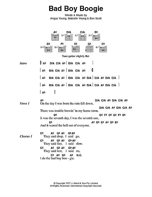 AC/DC Bad Boy Boogie sheet music notes and chords arranged for Guitar Chords/Lyrics
