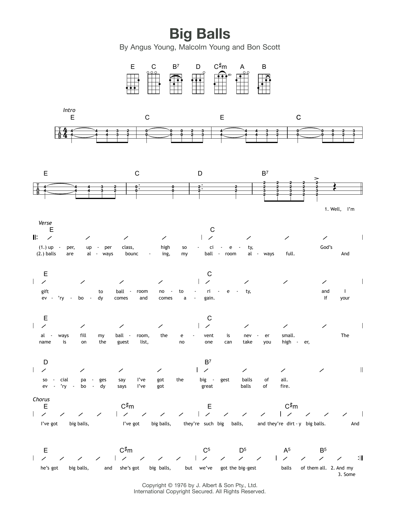 AC/DC Big Balls sheet music notes and chords arranged for Ukulele Chords/Lyrics