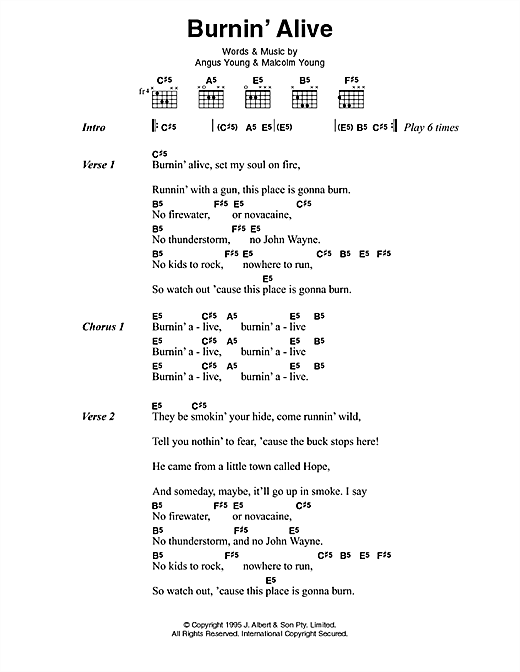 AC/DC Burnin' Alive sheet music notes and chords arranged for Guitar Chords/Lyrics