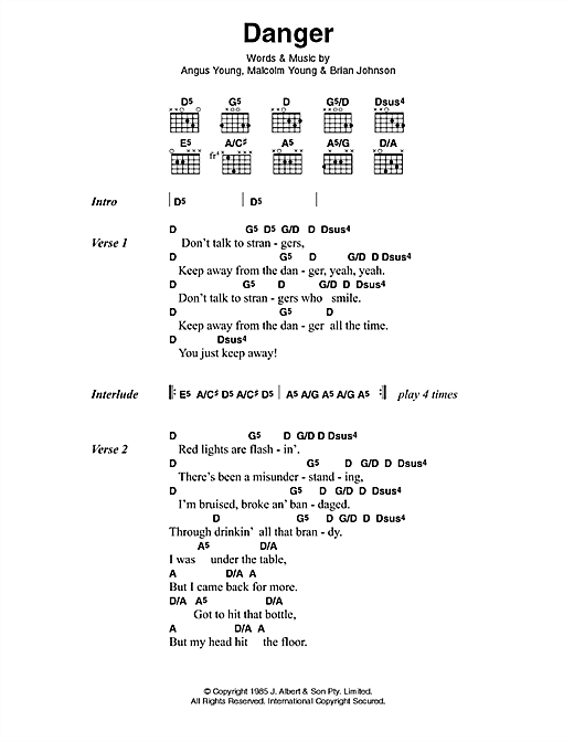 AC/DC Danger sheet music notes and chords arranged for Guitar Chords/Lyrics