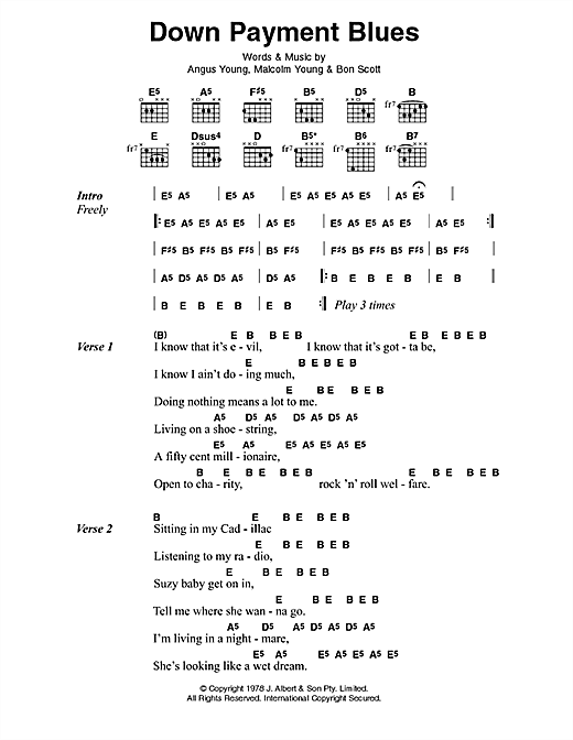 AC/DC Down Payment Blues sheet music notes and chords arranged for Guitar Chords/Lyrics