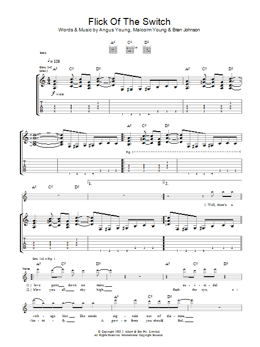 AC/DC Flick Of The Switch sheet music notes and chords arranged for Guitar Tab