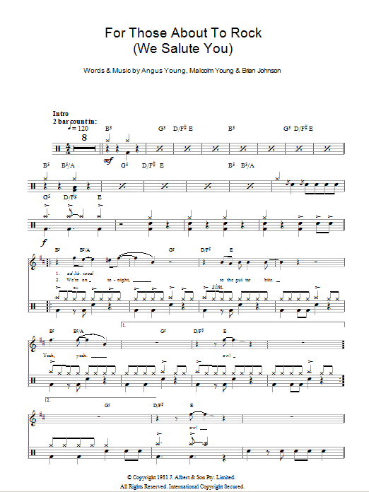 AC/DC For Those About To Rock (We Salute You) sheet music notes and chords arranged for Drums