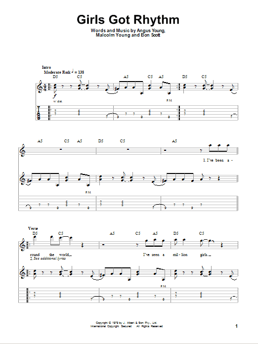 AC/DC Girls Got Rhythm sheet music notes and chords arranged for Piano, Vocal & Guitar Chords (Right-Hand Melody)