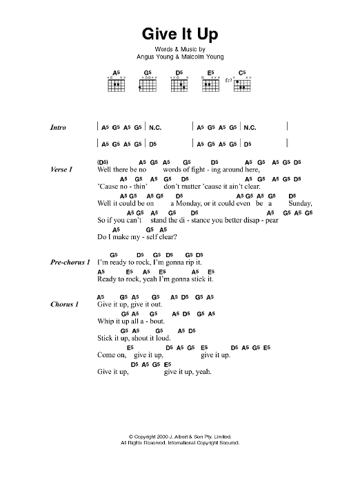 AC/DC Give It Up sheet music notes and chords arranged for Guitar Chords/Lyrics