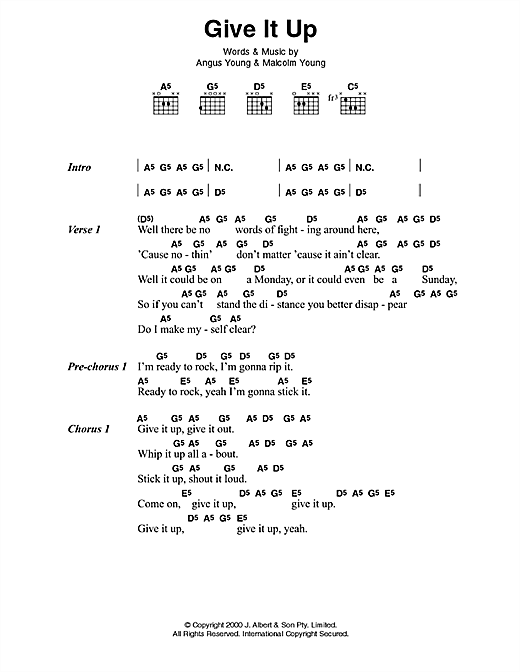 AC/DC Give It Up sheet music notes and chords arranged for Guitar Chords/Lyrics