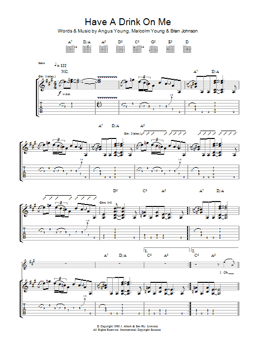 AC/DC Have A Drink On Me sheet music notes and chords arranged for Piano, Vocal & Guitar Chords (Right-Hand Melody)