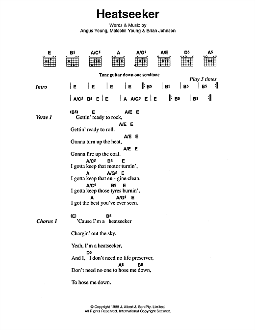 AC/DC Heatseeker sheet music notes and chords arranged for Guitar Chords/Lyrics