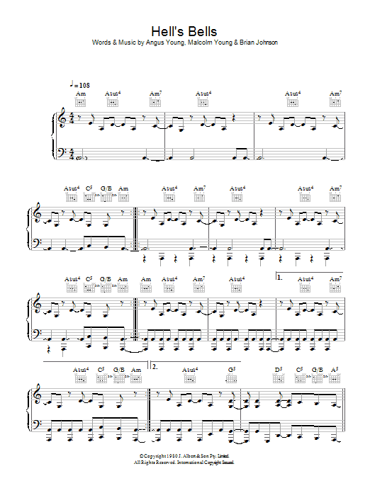 AC/DC Hells Bells sheet music notes and chords arranged for Really Easy Guitar