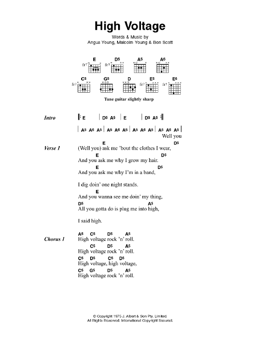 AC/DC High Voltage sheet music notes and chords arranged for Guitar Chords/Lyrics