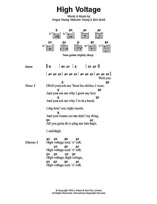 AC/DC High Voltage sheet music notes and chords arranged for Guitar Chords/Lyrics