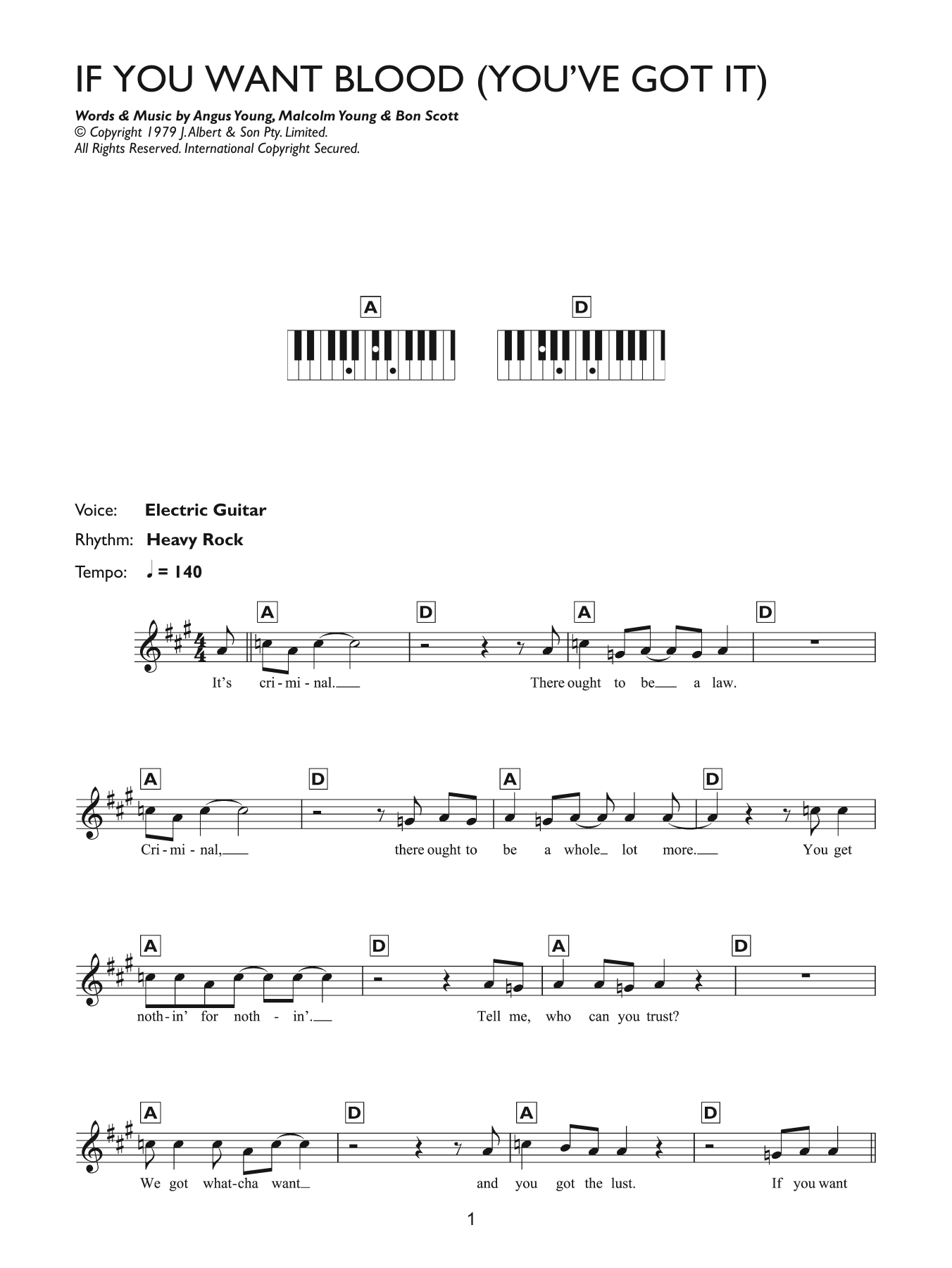 AC/DC If You Want Blood (You've Got It) sheet music notes and chords arranged for Piano Chords/Lyrics