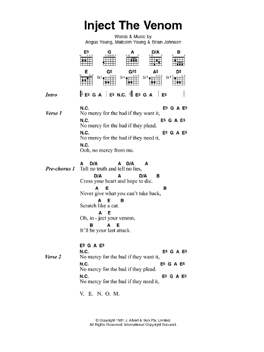 AC/DC Inject The Venom sheet music notes and chords arranged for Guitar Chords/Lyrics