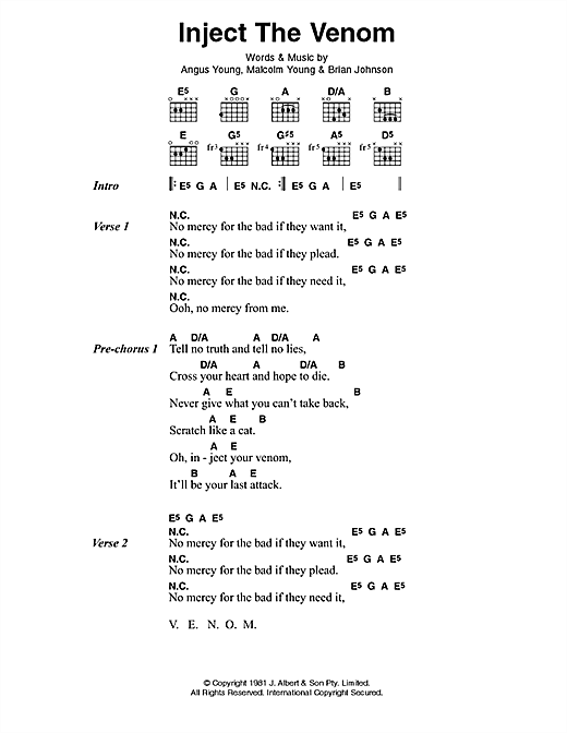 AC/DC Inject The Venom sheet music notes and chords arranged for Guitar Chords/Lyrics