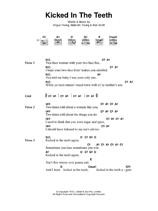 AC/DC Kicked In The Teeth sheet music notes and chords arranged for Guitar Chords/Lyrics