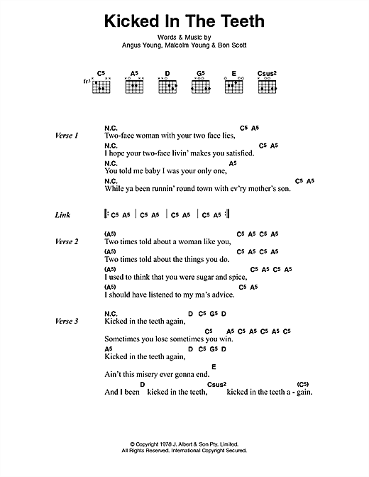 AC/DC Kicked In The Teeth sheet music notes and chords arranged for Guitar Chords/Lyrics